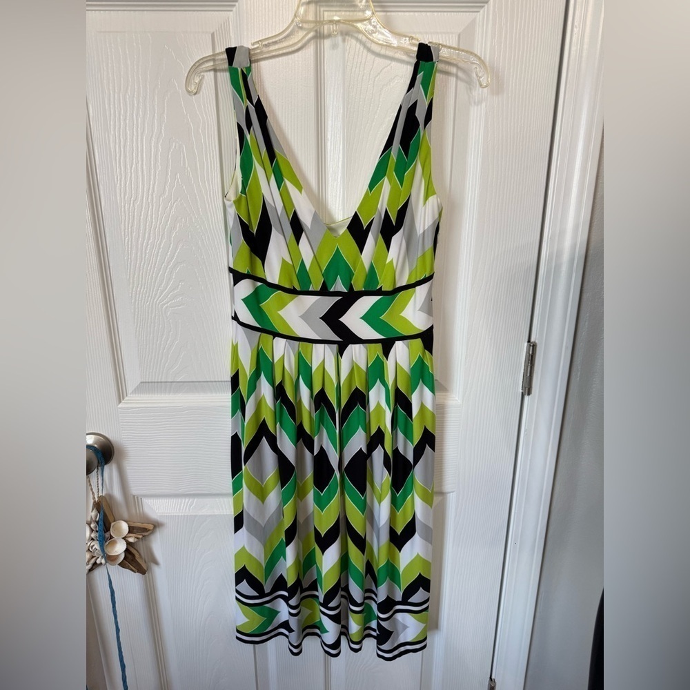 Maggy London Dress Womens 8 Petite Tank Stretch Knit V Neck Abstract 90s A Line